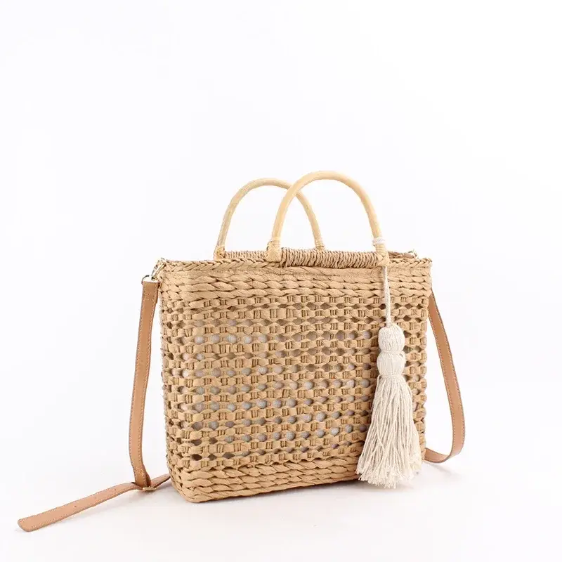 SVB1-Bolsos de hombro de paja con mango de madera para mujer, bolsos de mimbre tejidos, bolsos de playa de verano, moda