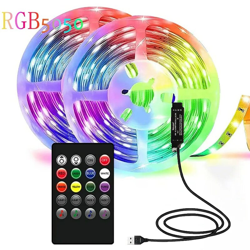 RGB LED Light Strip, Efeito de iluminação, Fita flexível, Diodo Strip, TV Backlight, Decoração do quarto, 20 Key Control, SMD5050