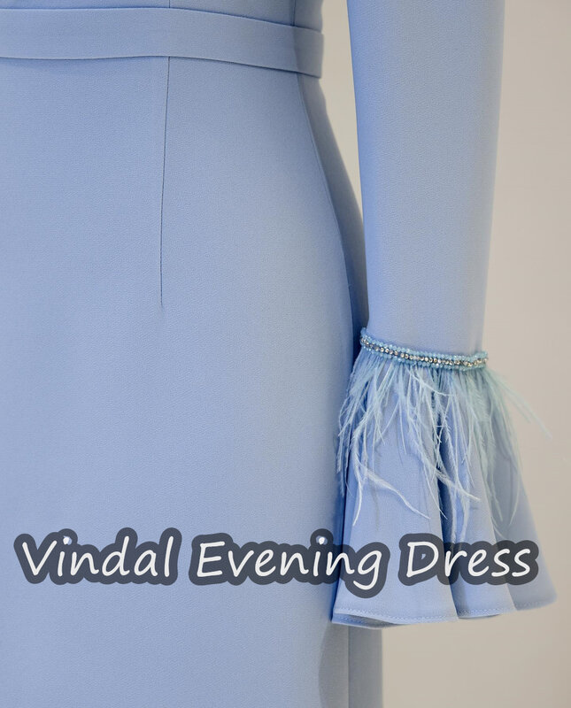 Vindal Ruffle Square Necklin Tea Length A-line Evening Dress Crepe Elegant Built-in Bra Saudi Arabia Long Sleeves For Woman 2024