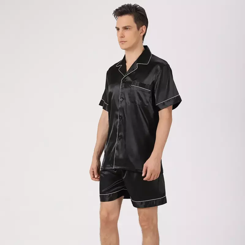 Casual Shirt+shorts Sleepwear Thin Sets Suit Men 2pcs Home Color Ice Short Pajama Silk Clothes Sleeve Summer Satin Male Solid