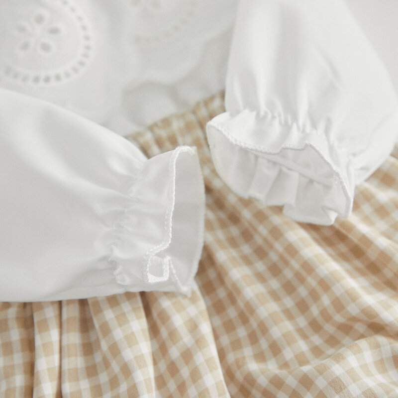 VISgKnitting-Barboteuse en dentelle florale pour bébé fille, tenues d'automne, revers à manches longues, barboteuses patchwork à carreaux, bande de sauna, vêtements mignons, 2 pièces