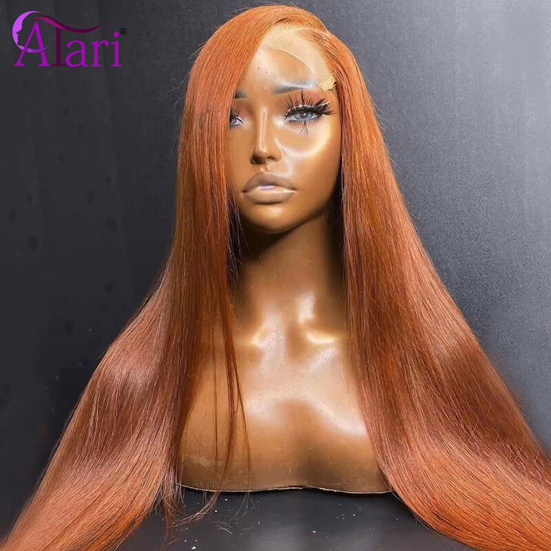 Wig Frontal Renda Transparan 13X4 13X6 Wig Rambut Manusia Lurus Oranye Jahe untuk Wanita Kulit Hitam Sebelum Dipetik Wig Penutupan Renda 5X5