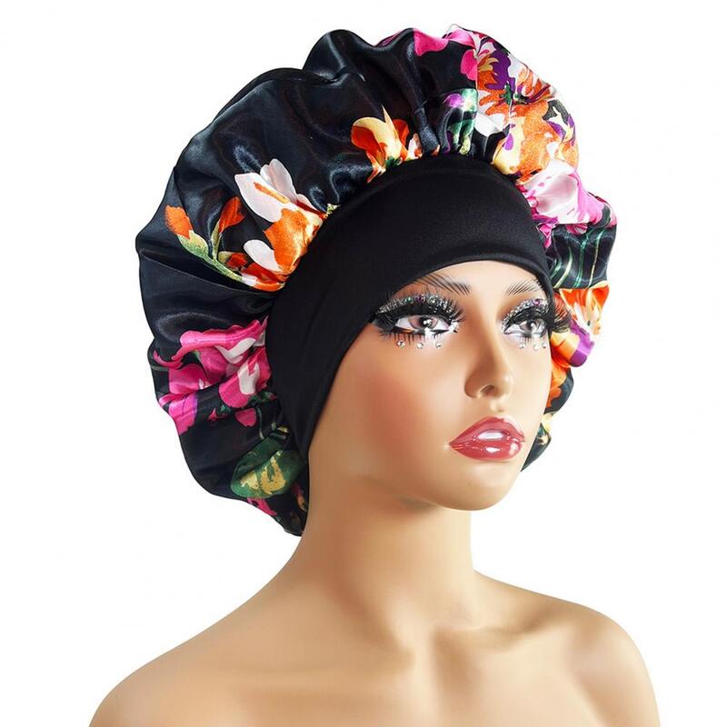 여성용 엑스트라 실크 새틴 보넷 모자, 편안한 플라워 프린트 야간 모자, 탄성 밴드, 브레이드 높이