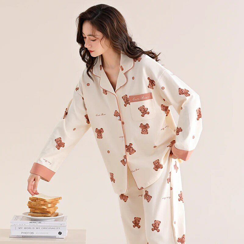 女性用のかわいい小さなクマのプリントパジャマ、純綿、ホームウェア、パジャマ、M-3XL