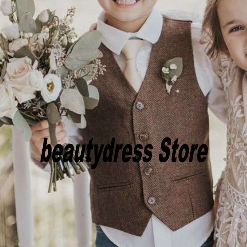Rompi Pakaian Formal Anak Laki-laki Wol Coklat untuk Pesta Pernikahan Herringbone Balita Anak-anak Anak Laki-laki Dibuat Sesuai Pesanan