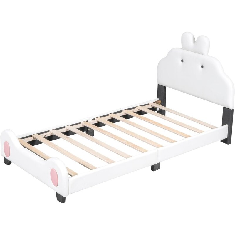 Cabecero y reposapiés de dibujos animados para niños, marco de cama con soporte de tablero de madera, marco de cama de plataforma de cojín suave de PU
