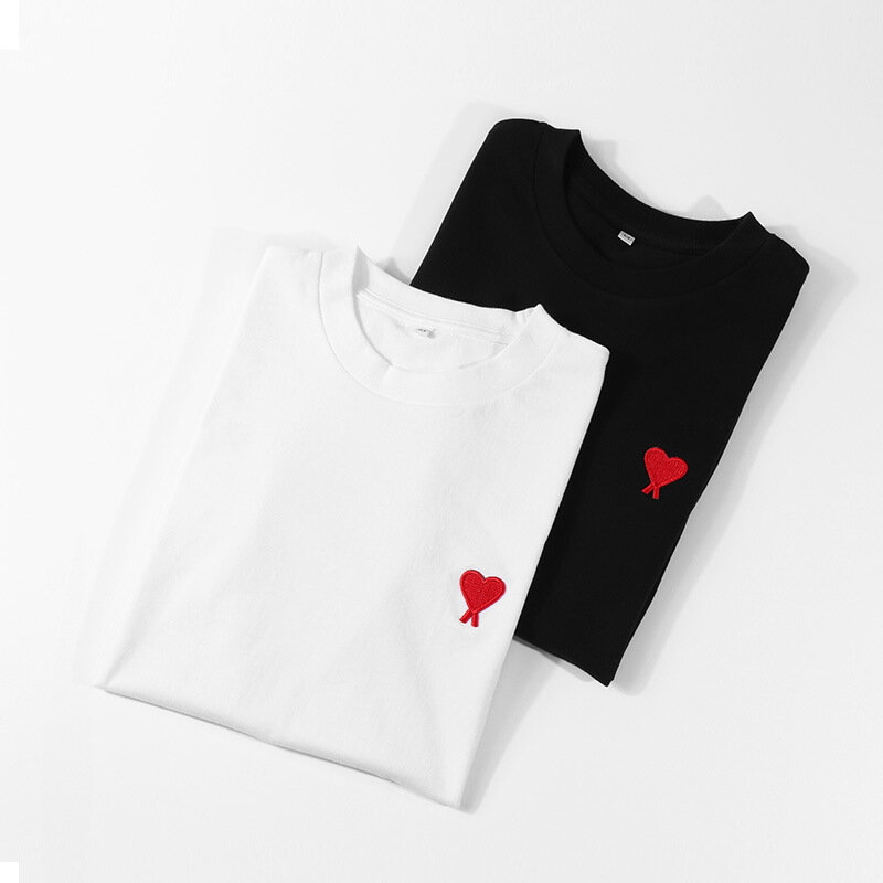 2024 New Women Red Heart Embroidery Short Sleeved Base T-shirt Cotton Neck Fitting Men Women T-shirt Couple Straight T-shirt