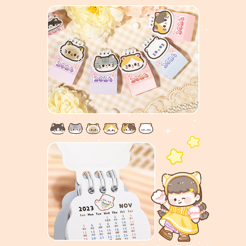2024 Cartoon Cat Calendar Mini Calendar Decoration Gifts Portable Kawaii Calendar Office Desk Decoration Supplies