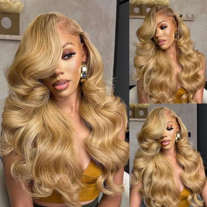 300 Density Lace Front Wig Human Hair Body Wave #27 Honey Blonde Pre-Plucked Transparent Lace Closure Wigs for Women Bobbi