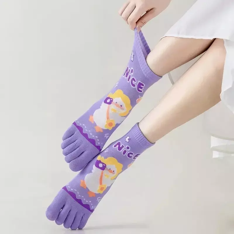Calcetines de algodón con dibujos animados para mujer, medias de 5 dedos con dedos separados, tubo medio, deportes, Yoga, primavera y verano