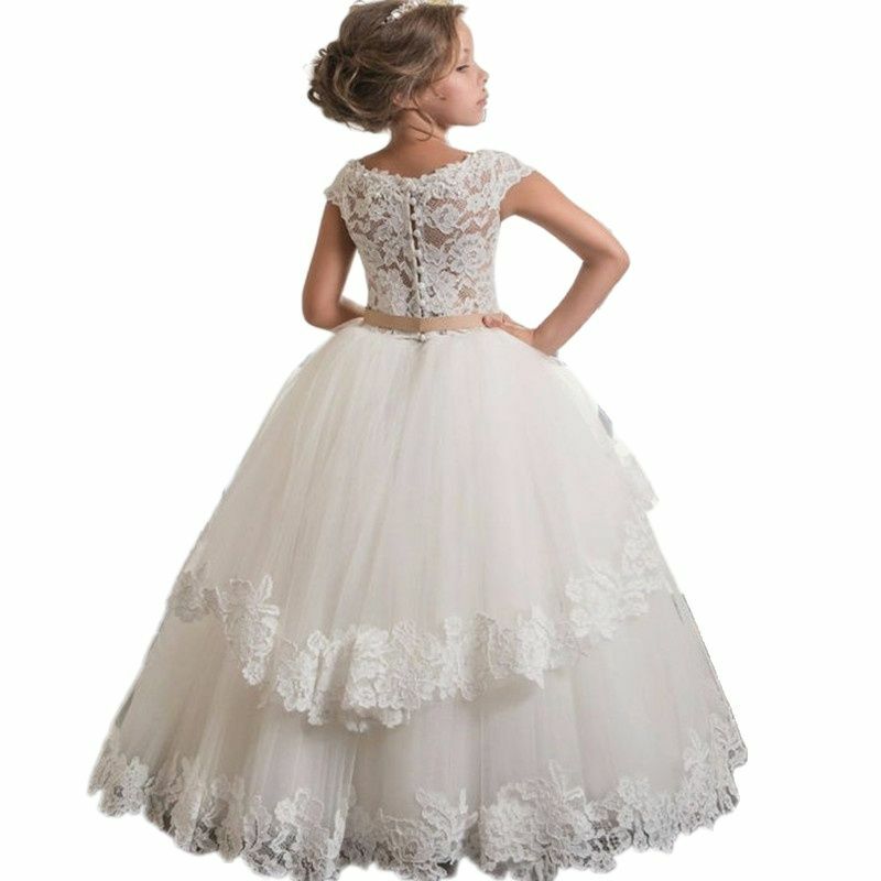 Gaun Gadis Bunga Renda Putih untuk Pernikahan Gaun Berlipat Ruffle Anak Perempuan Komuni Pertama Gaun Acara Khusus Anak Perempuan