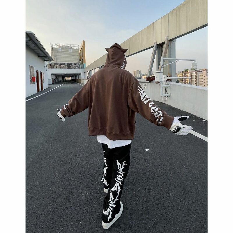High Street White Letter Flame Printing Jeans Men's and Women's Straight Loose Versatile Pants Small Hip Hop Pants ins men pant