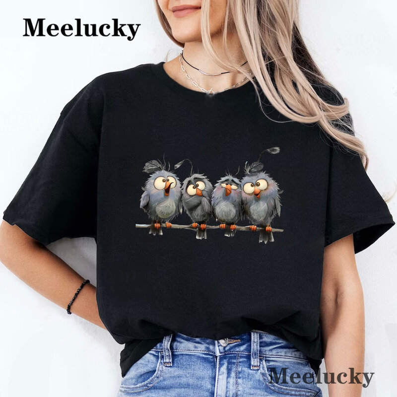Camiseta con estampado de letras de aves para mujer, camisa de manga corta con cuello redondo, estampado de animales, ropa informal para primavera y verano