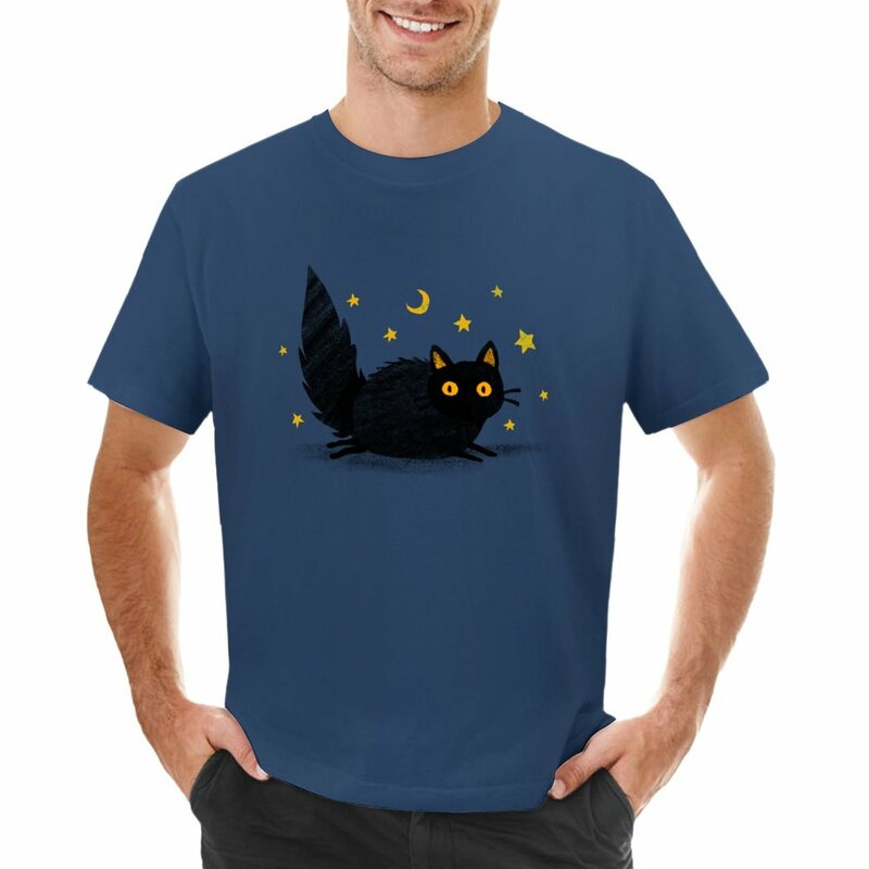 Camiseta gráfica fofa masculina, gato preto, amarelo, de olhos, blusa de secagem rápida, blusa de verão personalizável