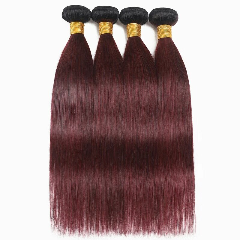 Bundel lurus Ombre Burgundy 1 3 4 buah/lot 1B/99J merah anggur gelap ekstensi jalinan rambut manusia tidak diproses Brasil untuk wanita