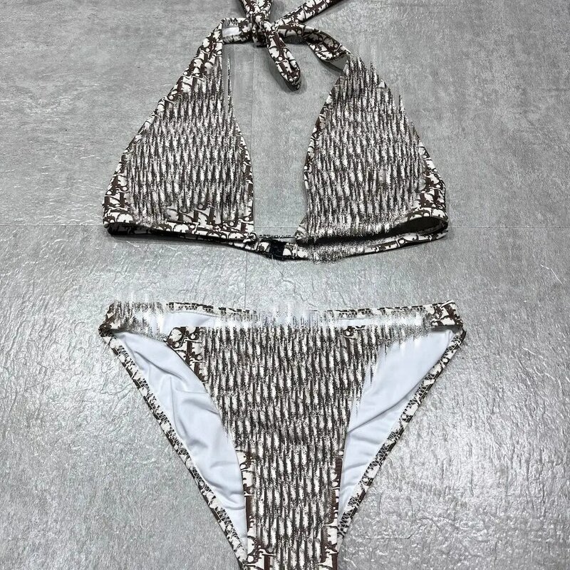 Beach Split Printing Lace-up, Waist Letter Drill, Decorative Backless Bikini Set, Sexy