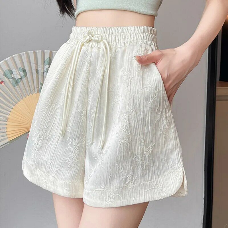 Celana pendek kasual wanita, W1742 2024 gaya China Vintage Jacquard Basics longgar pinggang tinggi musim panas