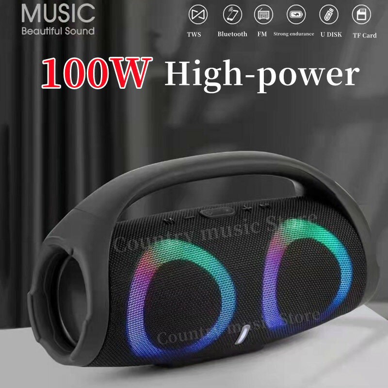 Alto-falante Bluetooth portátil à prova d'água, alta potência, luz colorida RGB, subwoofer sem fio, 360 estéreo surround, TWS FM Boombox, 100W