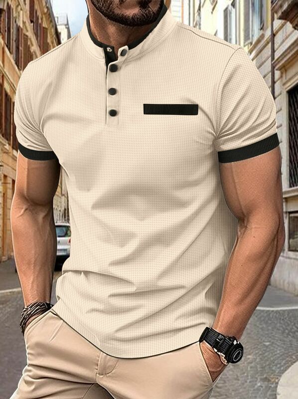 남성용 반팔 체크 무늬 단추 단색 스탠딩 칼라 폴로 셔츠, 하이 퀄리티 패션, 여름 신상