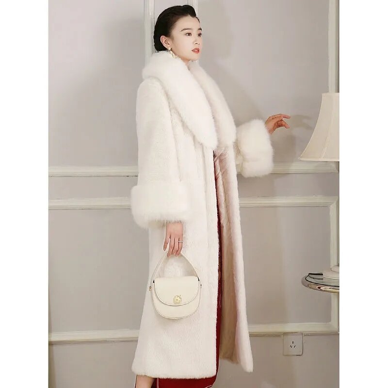 여성용 긴 인조 모피 코트, 한국 겨울 재킷, 여성용 겉옷, 두껍고 따뜻한 모피 칼라 파카, 2023 신상
