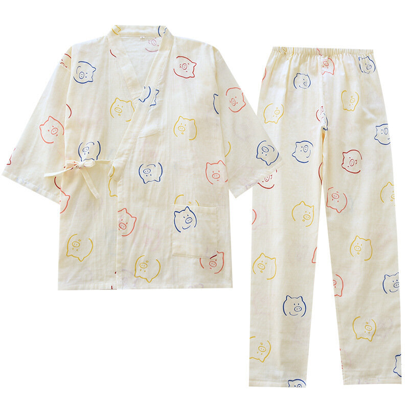 Kimono Pajamas Set Women Cotton Double Gauze Spring Autumn Two Pieces Thin Three-quarter Sleeve Trousers Japanese Home Clothes