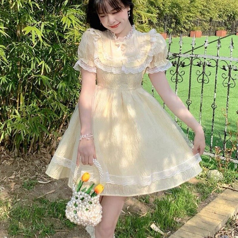 Sukienki damskie słodkie z krótkim rękawem w stylu Vintage delikatna uliczna kokardka młodzieńcza letnia Lolita uczennice Kawaii moda styl japoński