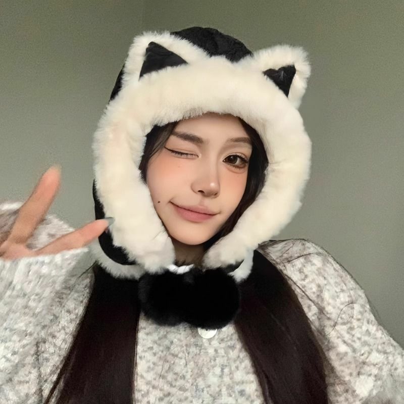 고양이 귀 보호 봄버 모자, 올매치 단색, 한국 스타일 푹신한 공, 귀여운 겨울 따뜻한 야외 시크 캐주얼 두꺼운 신제품