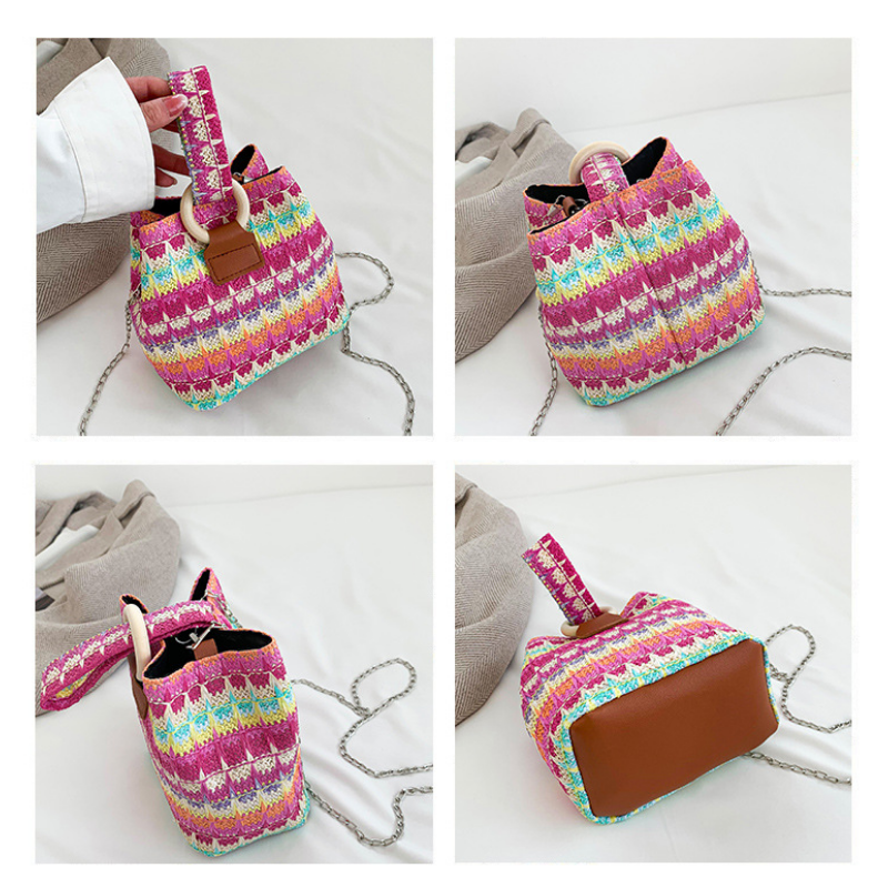 New Straw Bucket Shoulder Stitching Striped Straw Summer Woven Holiday Beach Hand Bags