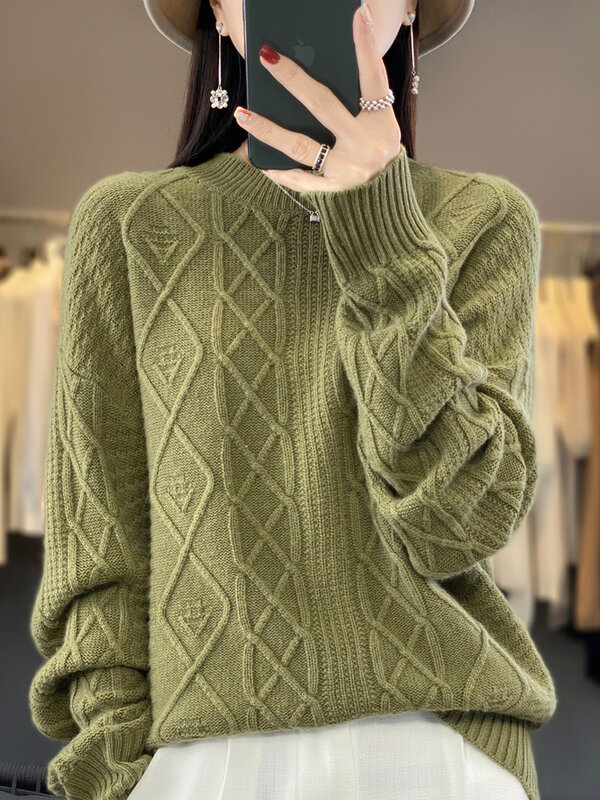 100% lana Merino maglione donna autunno inverno pullover spessi o-collo Twist maniche lunghe Casual Cashmere lavorato a maglia moda coreana
