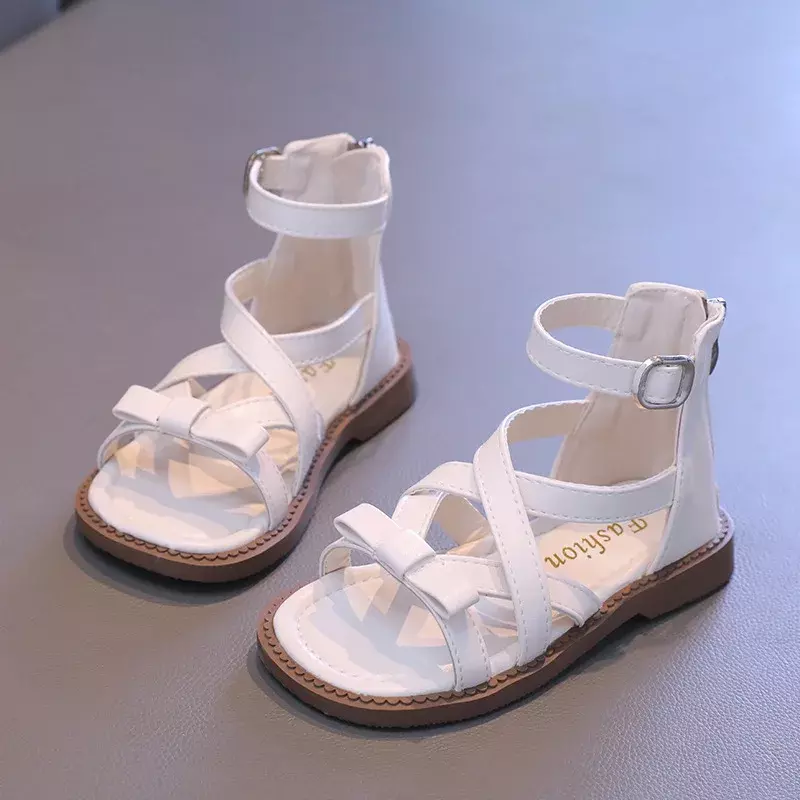 Sandal Gladiator anak perempuan, kasual putri musim panas jari terbuka modis krem hitam anak-anak sandal Romawi High-top