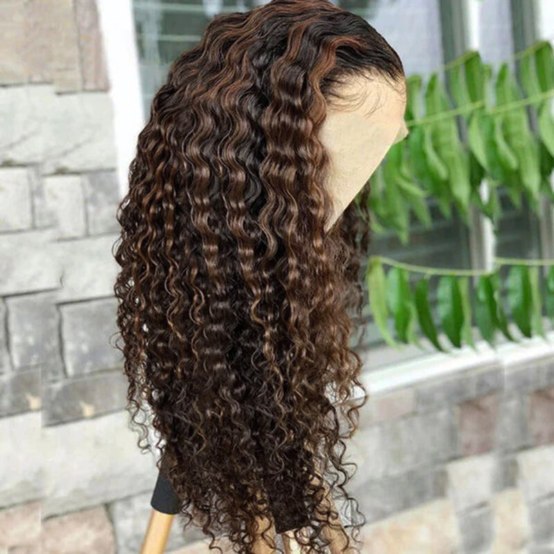 Diniwigs-destaque perucas sintéticas marrom frente do laço para mulheres, peruca longa afro encaracolada, linha fina natural, fibra de calor
