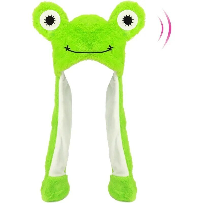 Frog Hat with Ears Moving Jumping Pop Up Beating Hat Plush Holiday Cosplay Dress Up Funny Christmas Winter Birthday Gift for Kid