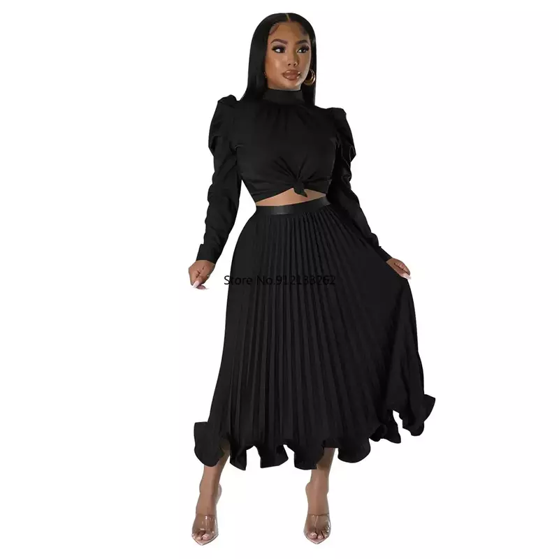 2024 Autumn Winter Woman Pleats Ruffles Skirt Two Pieces Set High Neck Full Sleeves T Shirt Elegant Party Club Suits Female