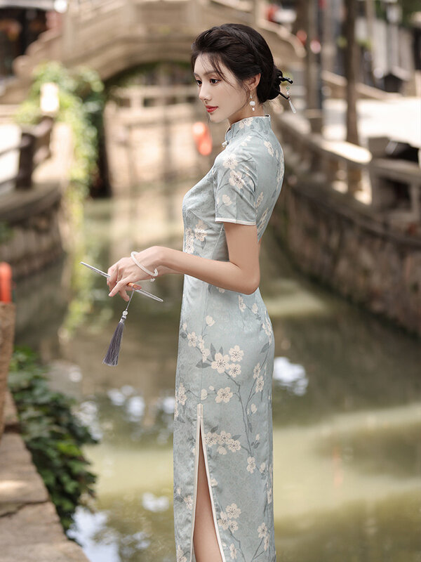 2024 Spring and Autumn New Hualuo Qipao Dress with 3/4 Sleeves Medium Length Improved Side Eight Button Double layered Qipao