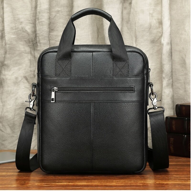 Genuine Leather Vertical Men's Briefcase With Zipper Business Cowhide Handbag MultiFunction Male Shoulder Messenger Bag