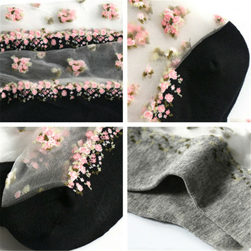 Calcetines transpirables ultrafinos para mujer, medias cortas elásticas de seda de encaje transparente con cristales y flores rosas, 1 par