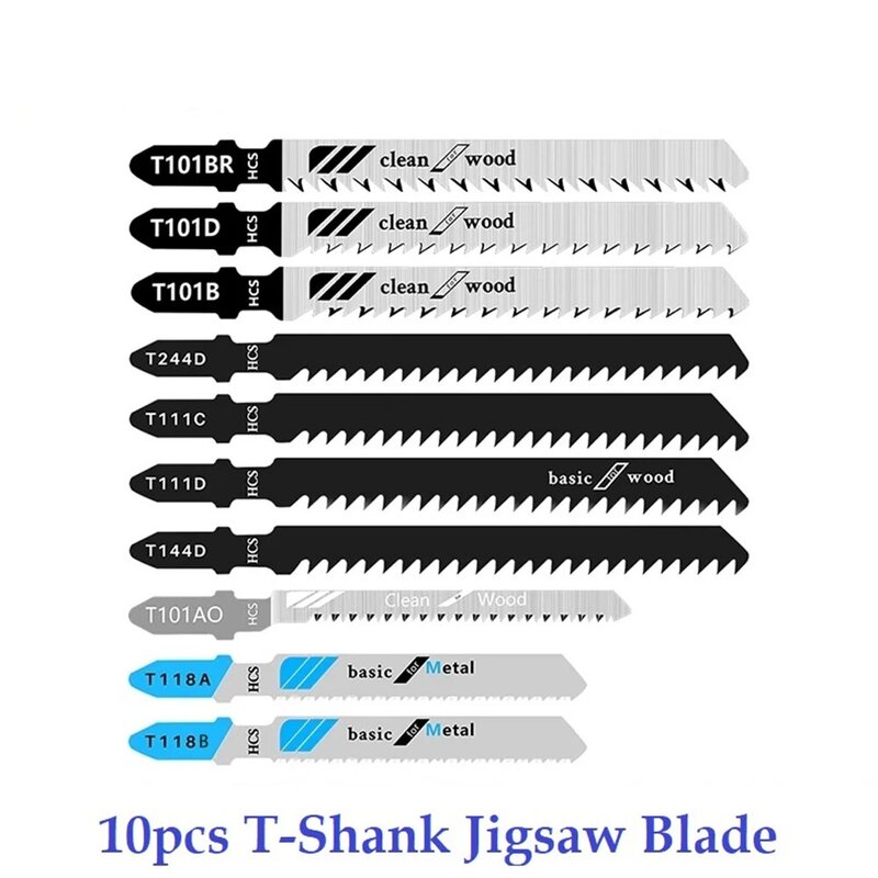 10 pçs/set jig saw lâmina t-shank jigsaw para madeira ferramenta de corte de metal hcs lâmina de serra de aço ferramenta para trabalhar madeira