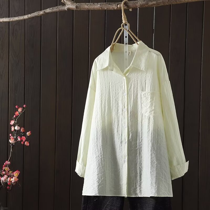 Blusas de manga comprida feminina, estilo japonês, camisas sólidas, roupas femininas, tops de tamanho grande, casuais, verão