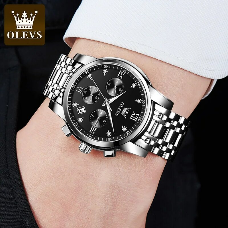 OLEVS jam tangan bercahaya pria, arloji olahraga Quartz Stainless Steel tanggal Minggu tahan air untuk lelaki