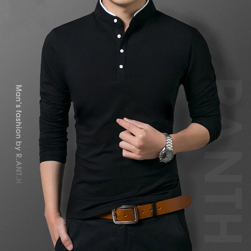 Men's Business Casual Polo Long Sleeve T-shirt Summer Comfortable and Breathable Solid Cotton Top