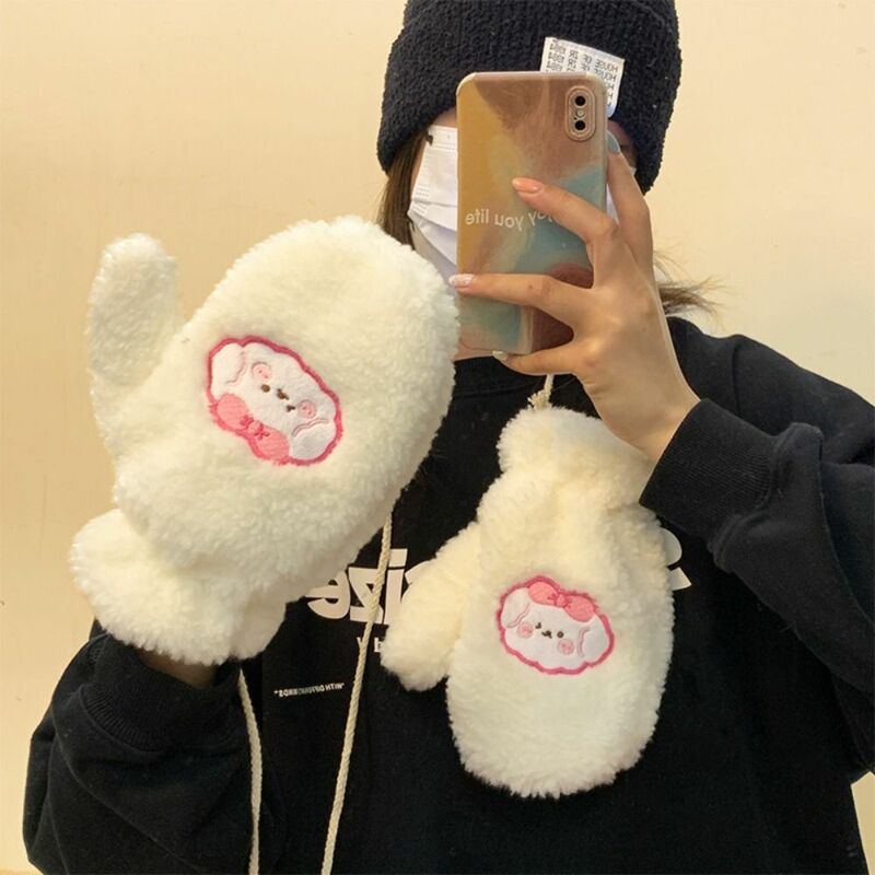 Guanti di peluche con fiocco caldo guanti lavorati a maglia per studenti morbidi addensati giapponesi guanti carini con orso Kawaii