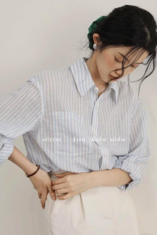 Miiiix francuski modne niebieskie pasek z filtrem przeciwsłonecznym bluzka 2024 damski wiosna cienka wysokiej jakości luźna koszula Top odzież damska