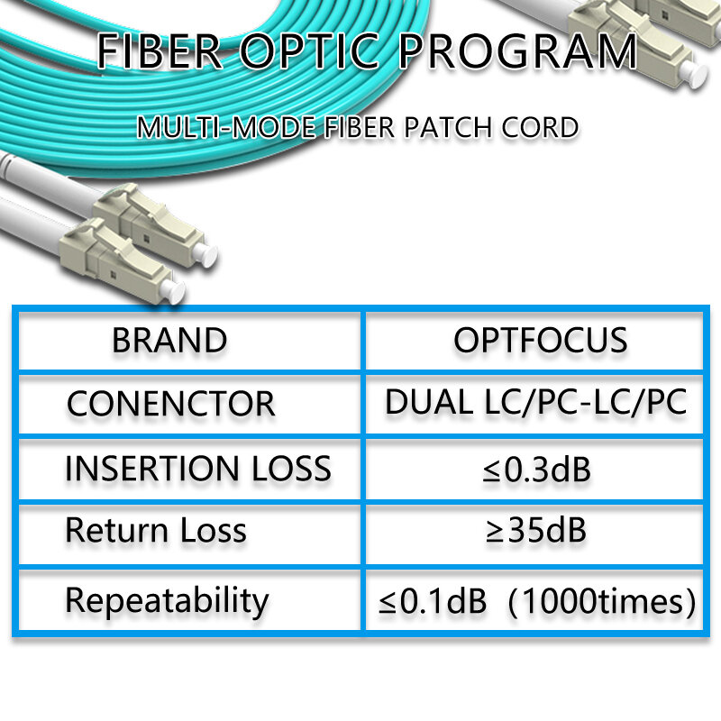OPTFOCUS OM3 광섬유 패치 코드, LC UPC APC 멀티 모드 점프 케이블, 듀얼 솔로 파이버 케이블, 1M, 3M, 5M, 10M, 30M