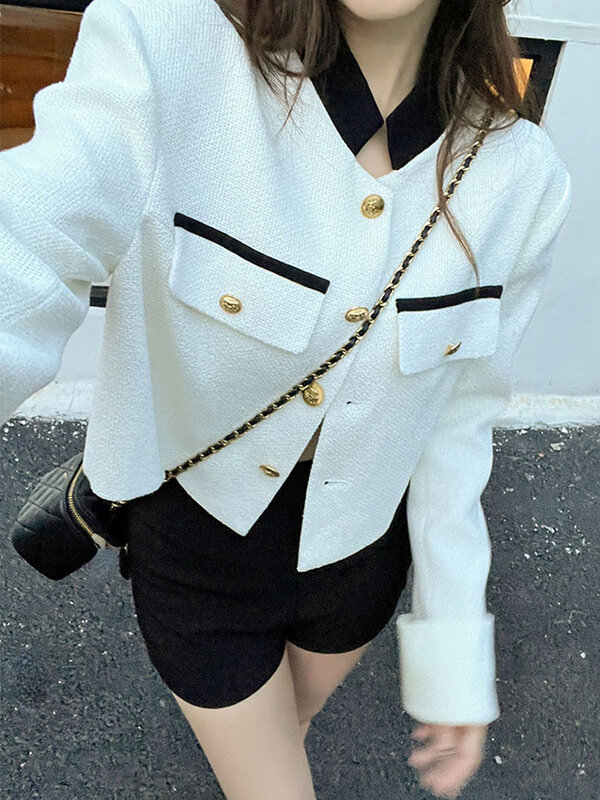 Elegante Kurze Jacke Frauen Beiläufige Lange Hülse Dünne Y2k Crop Tops Koreanische Kleidung 2022 Herbst Taste Vintage Blazer Büro Dame