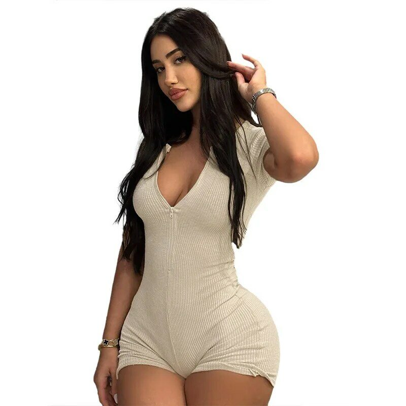 Wind2024Spring Women's New Solid Color Short-Sleeved Slim-Fit Sexy Zipper Shorts JumpsuitCok