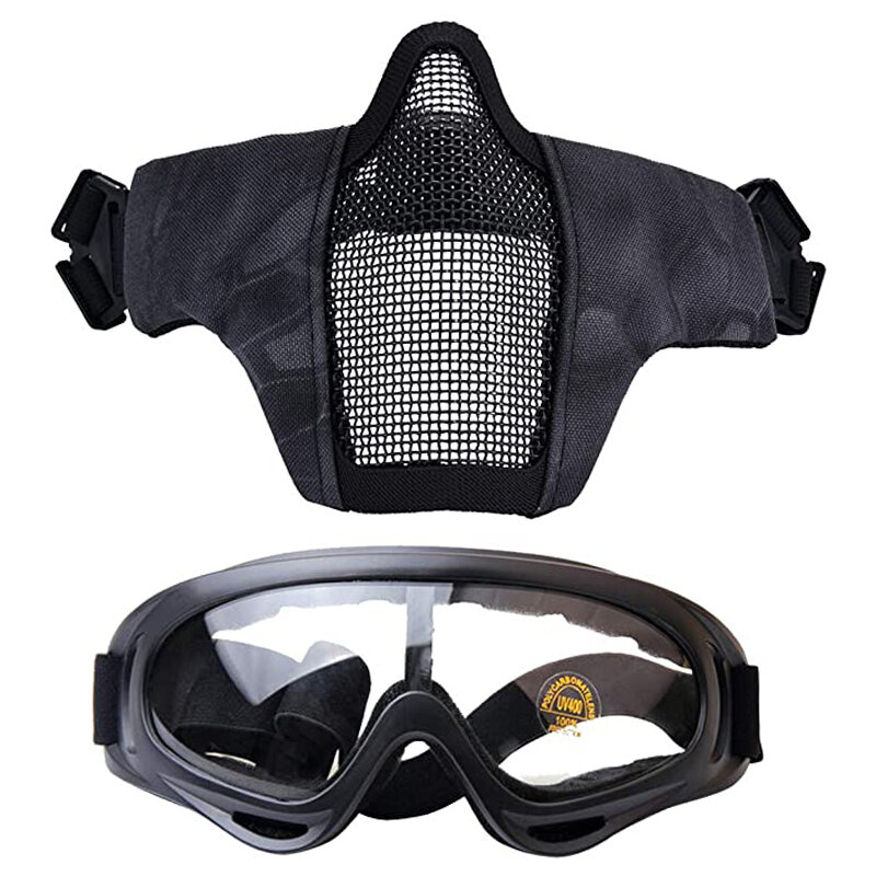 Masker Taktis + Kacamata Airsoft Militer Set Jaring Baja Setengah Wajah dan Kacamata untuk Permainan Bertahan Hidup Paintball CS Cosplay