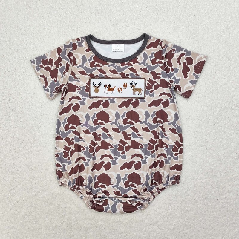 Wholesale Toddler Embroidery Bodysuit One-piece Kids Baby Boy Girl Camo Short Sleeves Jumpsuit Newborn Dog Deer Coverall Romper