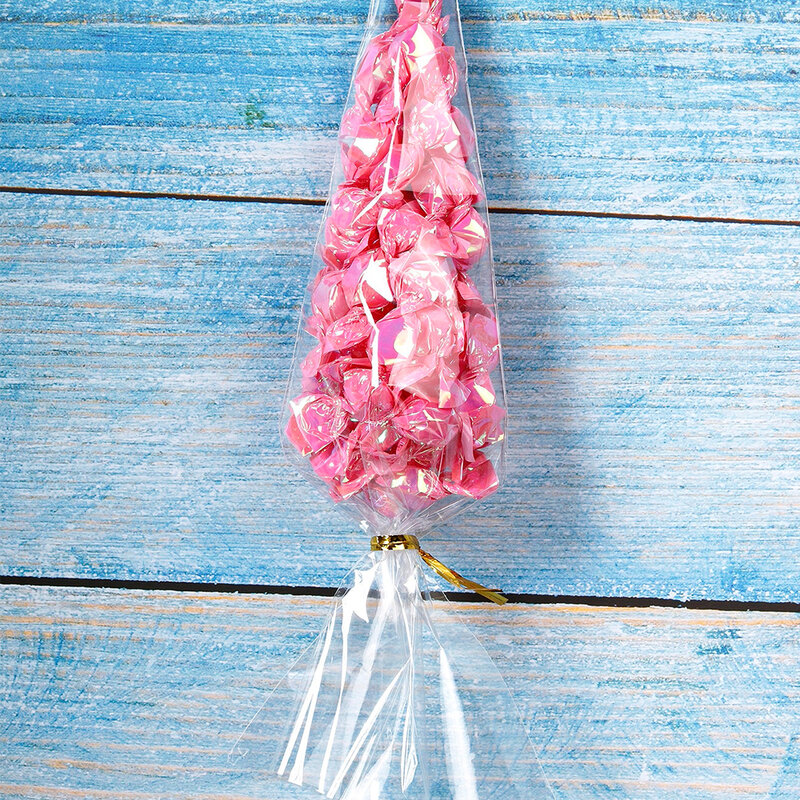 Sacchetti di caramelle da 50 pezzi sacchetti di Popcorn in Cellophane sacchetti di immagazzinaggio di biscotti a cono con cravatte intrecciate dorate bomboniere per feste di compleanno di nozze