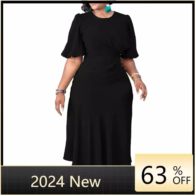 Vestido Casual Midi-Calf de Botão Feminino, Monocromático, Patchwork, Senhora do Escritório, Verão, 2022