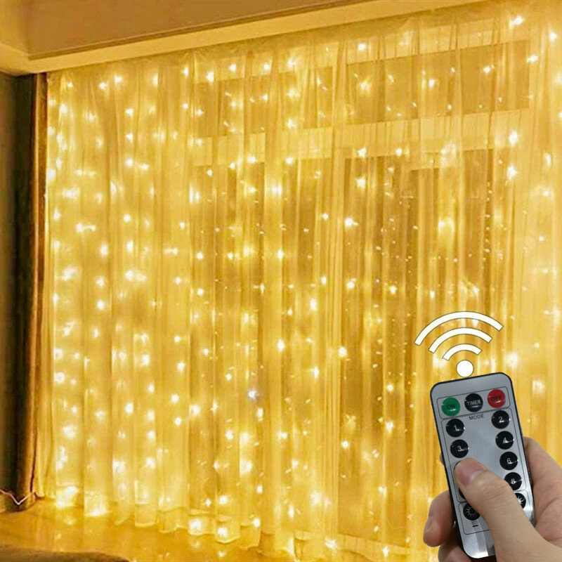 LED Cortina Garland Fairy String Lights Festa de Natal Decoração de casamento, USB Remote, 8 Modos de Iluminação Cascata, 3m